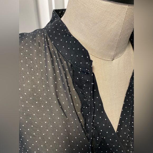 Lapis Black Sheer Polka Dot Popover Blouse, Short Puff Sleeve, Size Medium - Picture 6 of 11